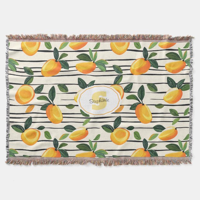 Watercolor Mango Pattern with Green Leaves Throw Blanket (Front)