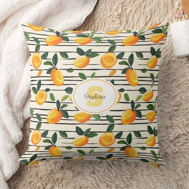Watercolor Mango Pattern with Green Leaves Throw Pillow (Blanket)