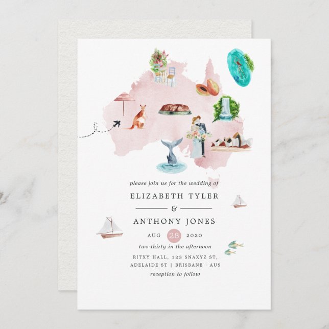 Watercolor Map of Australia Destination Wedding Invitation (Front/Back)