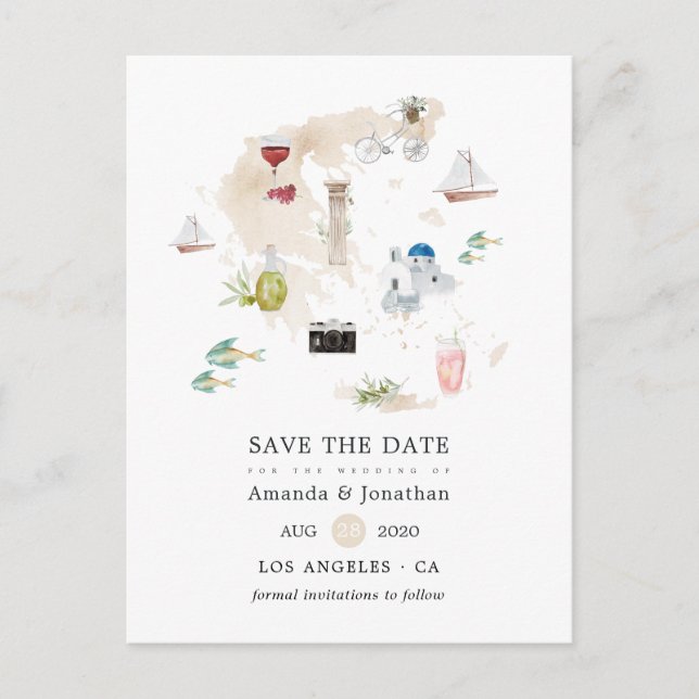 Watercolor Map of Greece Destination Wedding Announcement Postcard (Front)
