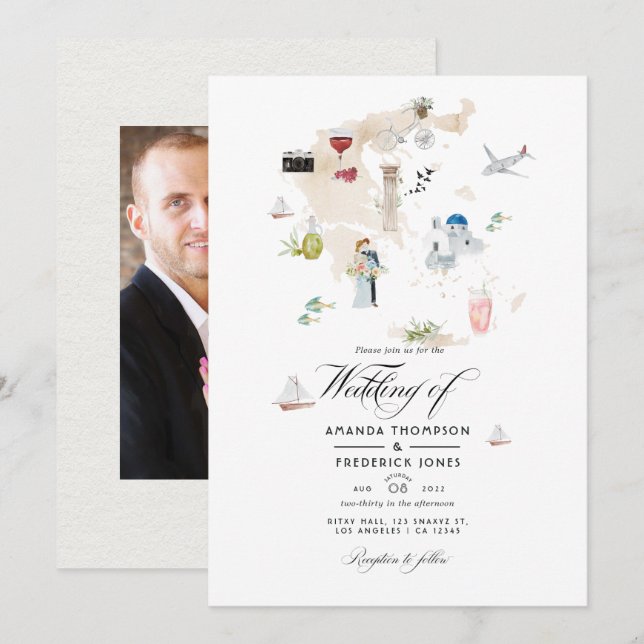 Watercolor Map of Greece Destination Wedding Invit Invitation (Front/Back)