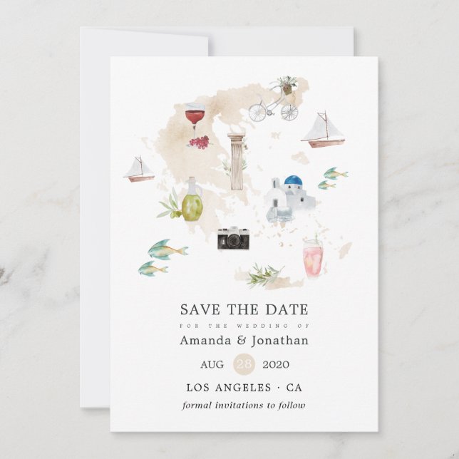 Watercolor Map of Greece Destination Wedding Save The Date (Front)