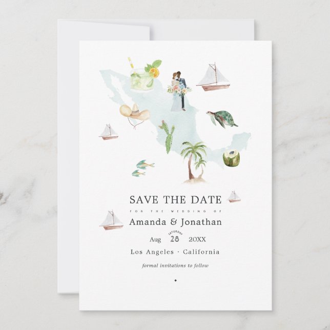 Watercolor Map of Mexico Destination Wedding Save The Date (Front)