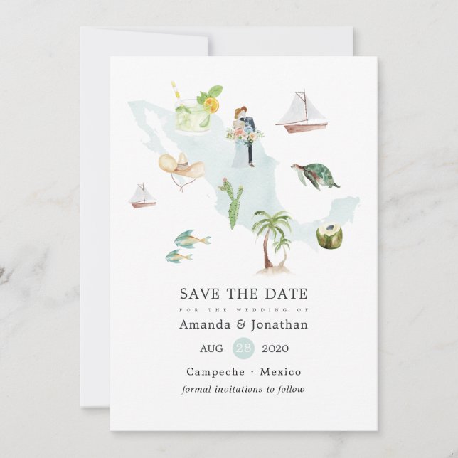 Watercolor Map of Mexico Destination Wedding Save The Date (Front)