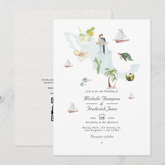 Watercolor Map of Mexico QR Code RSVP Wedding Invitation (Front/Back)