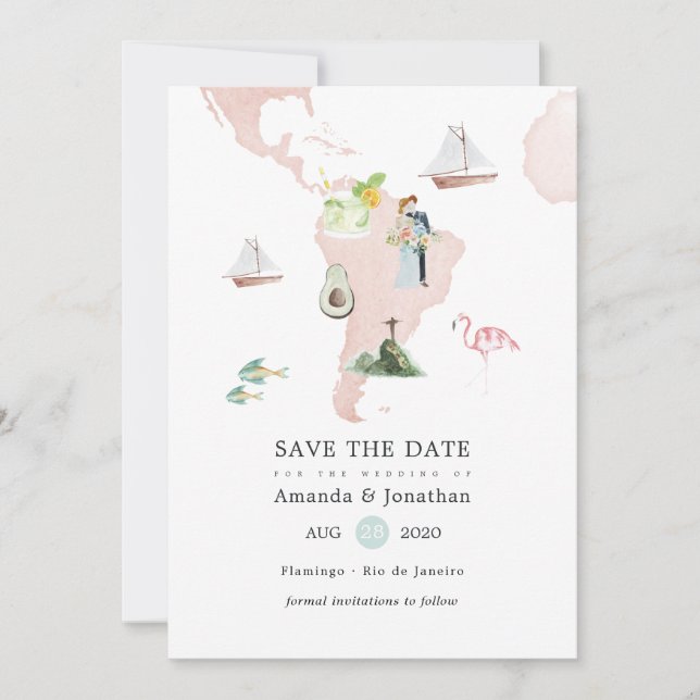 Watercolor Map of Rio Destination Wedding Save The Date (Front)
