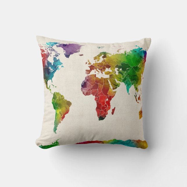 Watercolor Map of the World Map Throw Pillow (Front)
