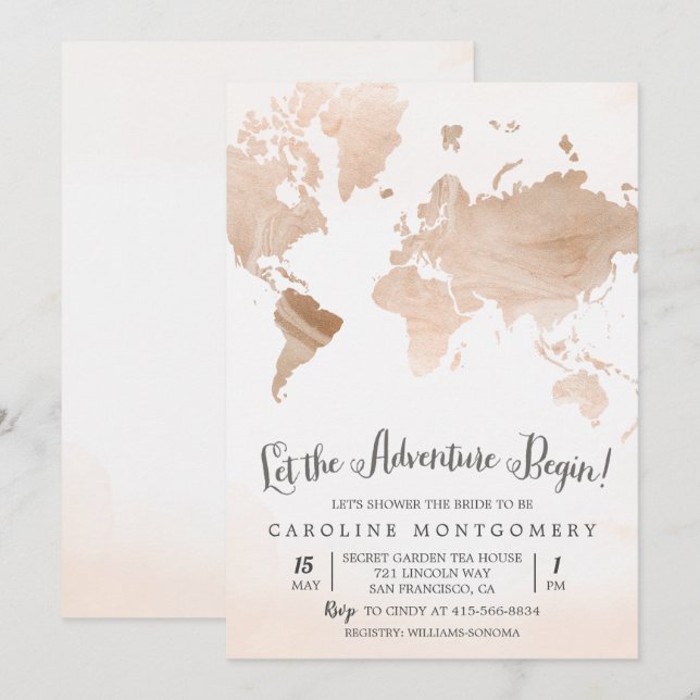 Watercolor Map Travel Bridal Shower Invitation (Front/Back)