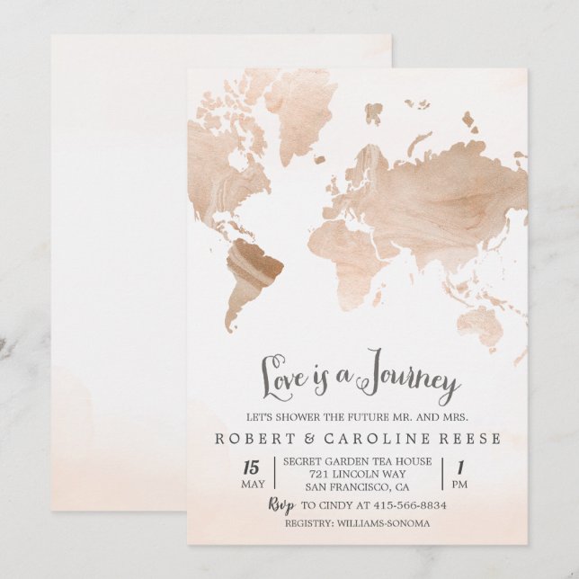 Watercolor Map Travel Couples Shower Invitation (Front/Back)