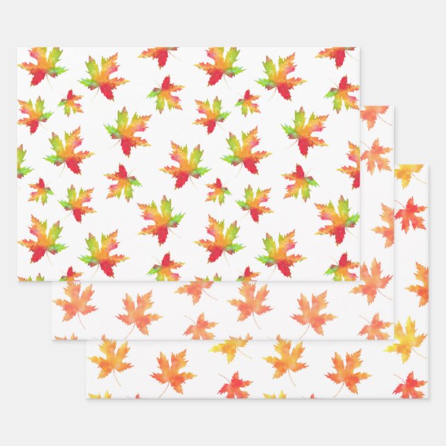  Watercolor Maple Leaf Patterns Wrapping 3 Wrapping Paper Sheet (Set)