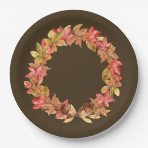 Watercolor Maple Leaves, Acorns, Berries Paper Plate