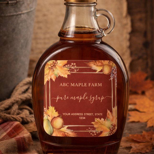 Watercolor Maple Leaves Border Maple Syrup Label (Creator Uploaded)