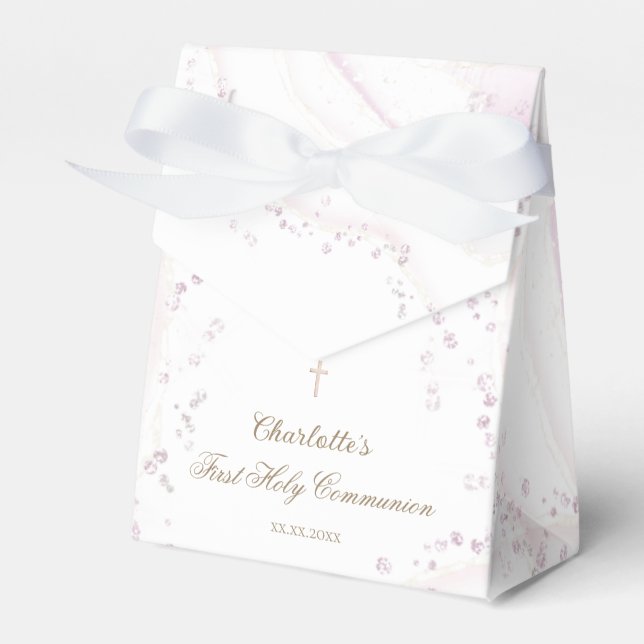 watercolor marble faux glitter First Communion Favor Box (Front Side)