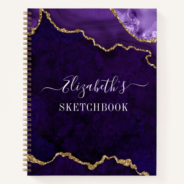 Watercolor Marble Gold Purple Geode Sketchbook Notebook (Front)