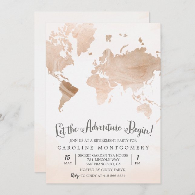 Watercolor Marble Map Travel Retirement Invitation (Front/Back)