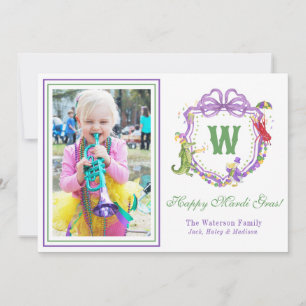 Watercolor Mardi Gras Animals Monogram Crest Photo Holiday Card