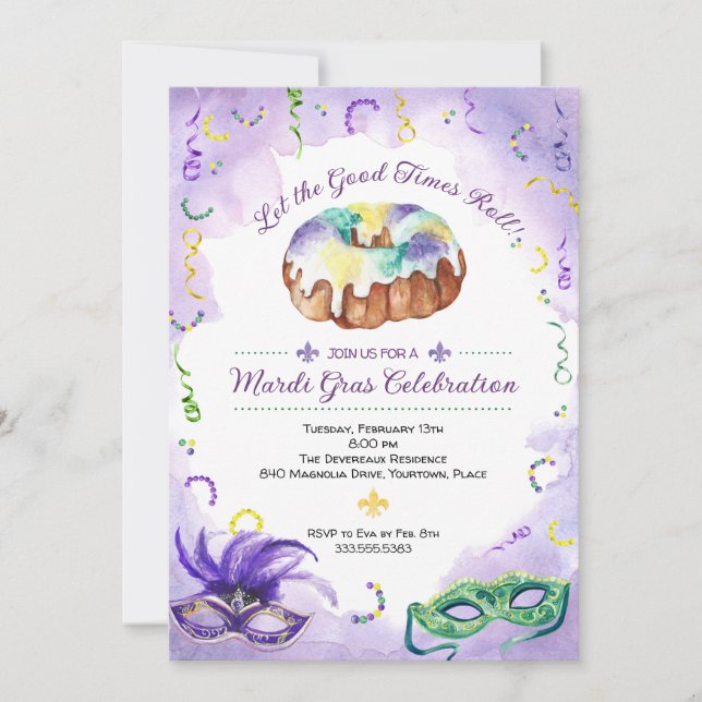 Watercolor Mardi Gras, Fat Tuesday Party Invitation (Front)