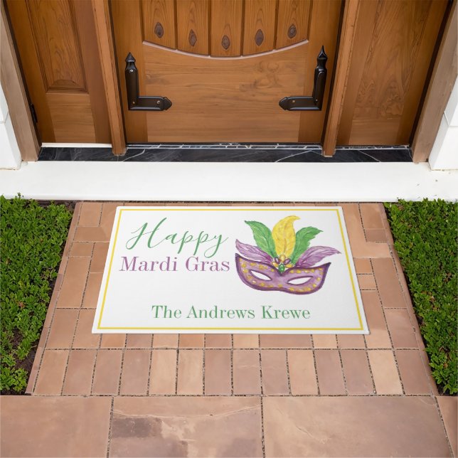 Watercolor Mardi Gras Mask Personalized Doormat (Outdoor)