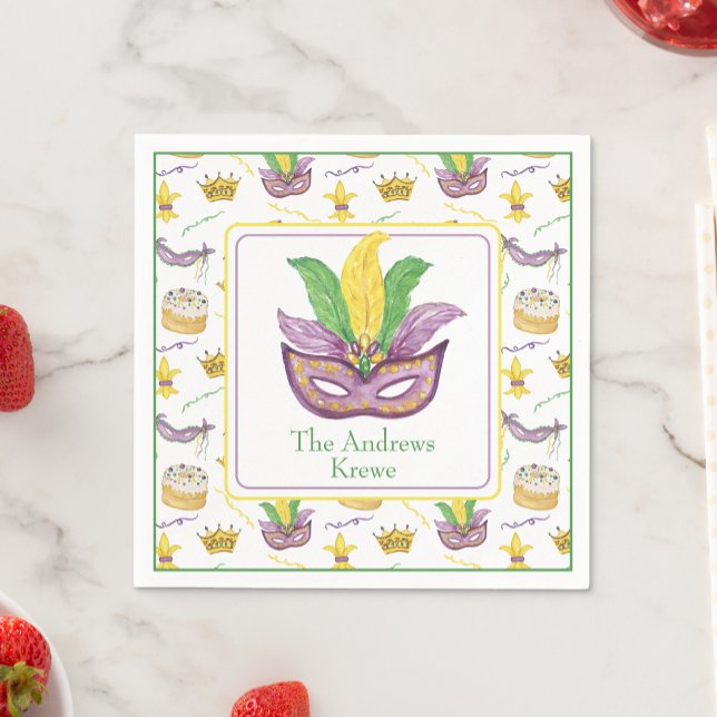 Watercolor Mardi Gras Mask Personalized Napkin (Creator Uploaded)