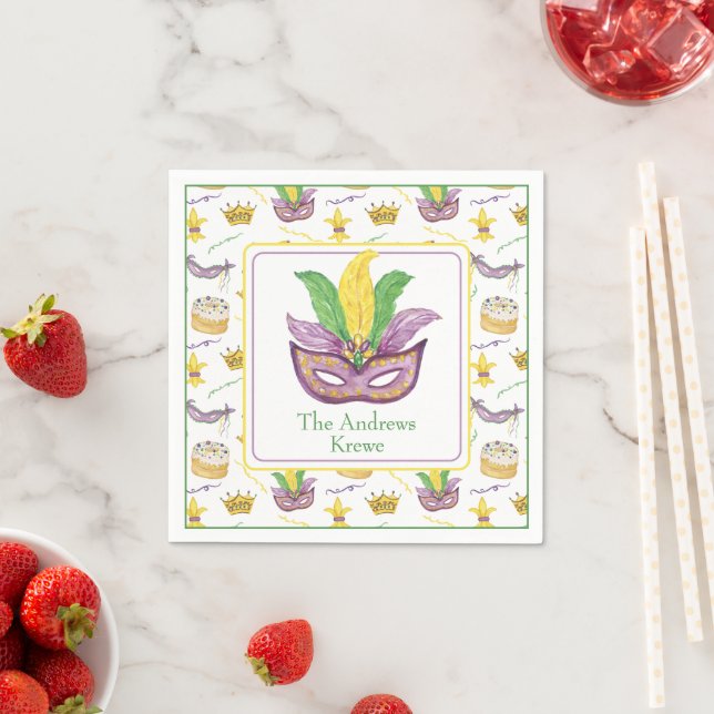 Watercolor Mardi Gras Mask Personalized Napkin (Insitu)