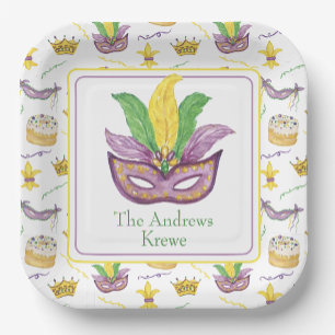 Watercolor Mardi Gras Mask Personalized Paper Plate