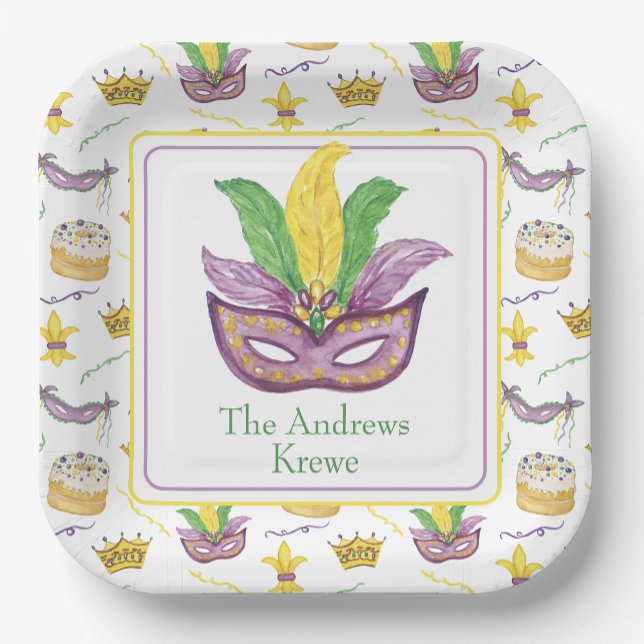Watercolor Mardi Gras Mask Personalized Paper Plate (Creator Uploaded)