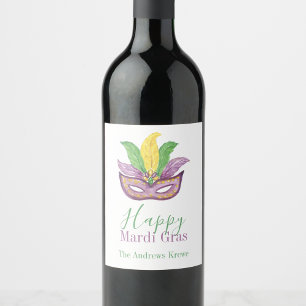 Watercolor Mardi Gras Masks King Cake Crown Wine Label