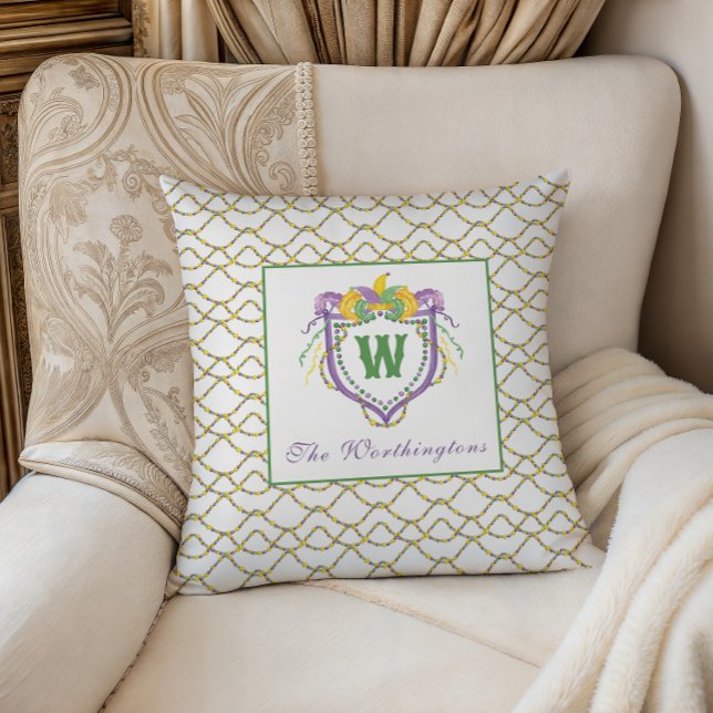 Watercolor Mardi Gras Monogram Crest Throw Pillow (Creator Uploaded)