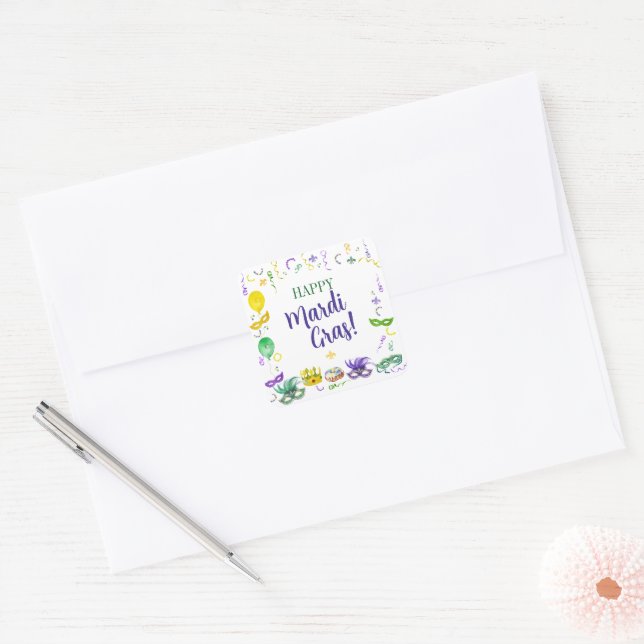 Watercolor Mardi Gras Objects Party Square Sticker (Envelope)