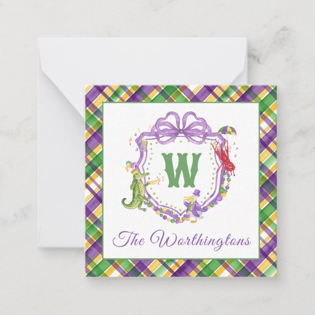 Watercolor Mardi Gras Plaid Animals Monogram Crest Card (Front)