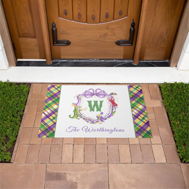 Watercolor Mardi Gras Plaid Animals Monogram Crest Doormat (Outdoor)