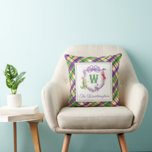 Watercolor Mardi Gras Plaid Animals Monogram Crest Throw Pillow