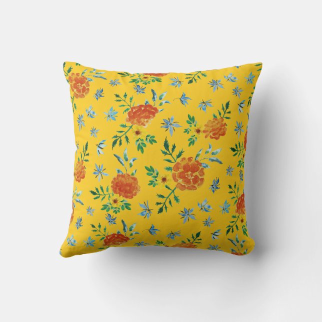 Watercolor Marigold Borage Flowers Gold Yellow Throw Pillow (Back)