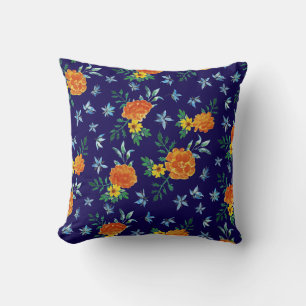 Watercolor Marigold Borage Flowers Navy Blue Throw Pillow