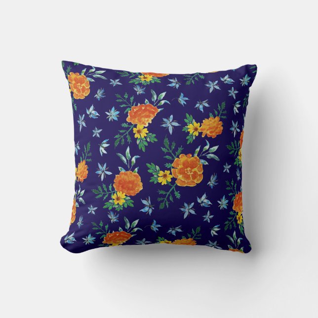 Watercolor Marigold Borage Flowers Navy Blue Throw Pillow (Front)