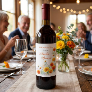 Watercolor Marigold Floral Milestone Birthday Wine Label