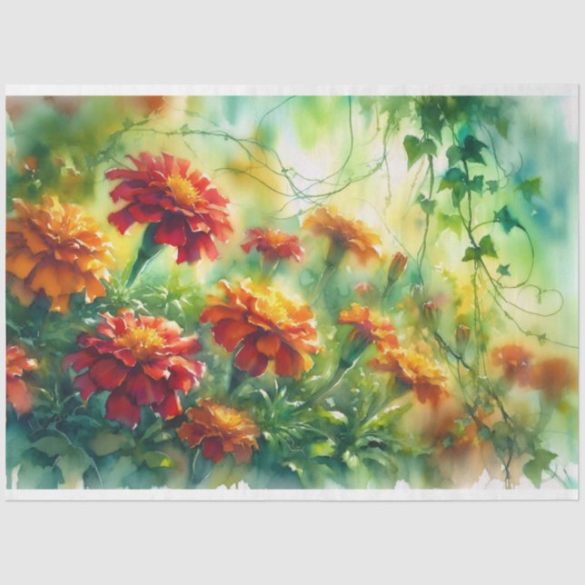 Watercolor Marigolds and Ivy Vines Decoupage Tissue Paper (Front)
