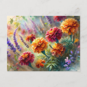 Watercolor Marigolds and Lavender Garden Postcard