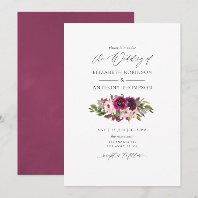 Watercolor Marsala and Blush Floral Wedding Invitation (Front/Back)