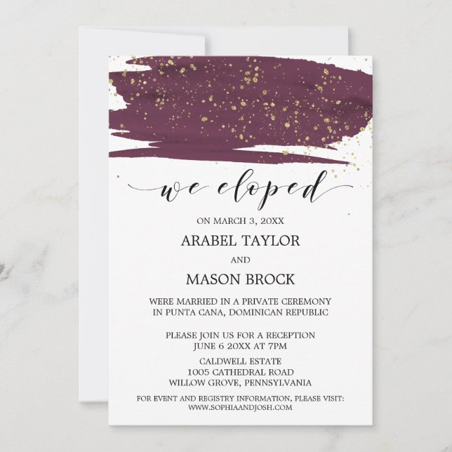 Watercolor Marsala and Gold Elopement Reception Invitation (Front)