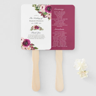 Watercolor Marsala & Blush Floral Wedding Program Hand Fan