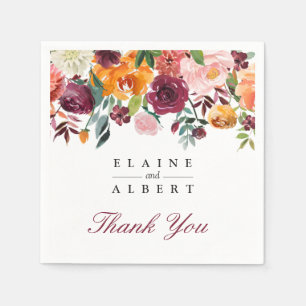 Watercolor Marsala Pink Flowers Wedding Napkin