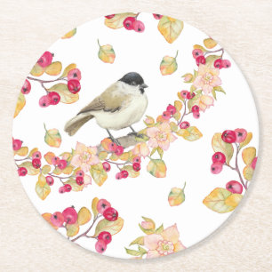 Watercolor Marsh Tit Round Paper Coaster