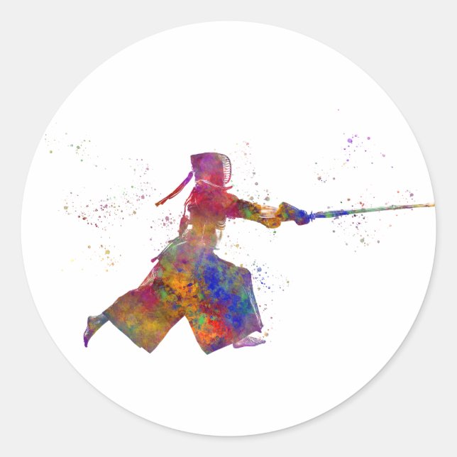 Watercolor martial art-kendo classic round sticker (Front)