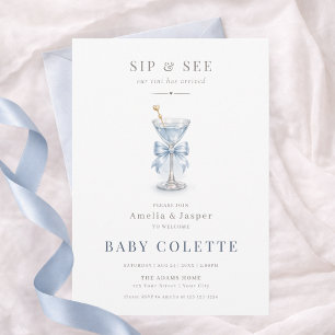Watercolor Martini Powder Blue Bow Boy Sip & See Invitation