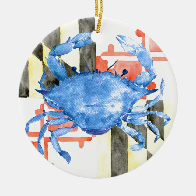 Watercolor maryland flag and blue crab ceramic ornament (Front)