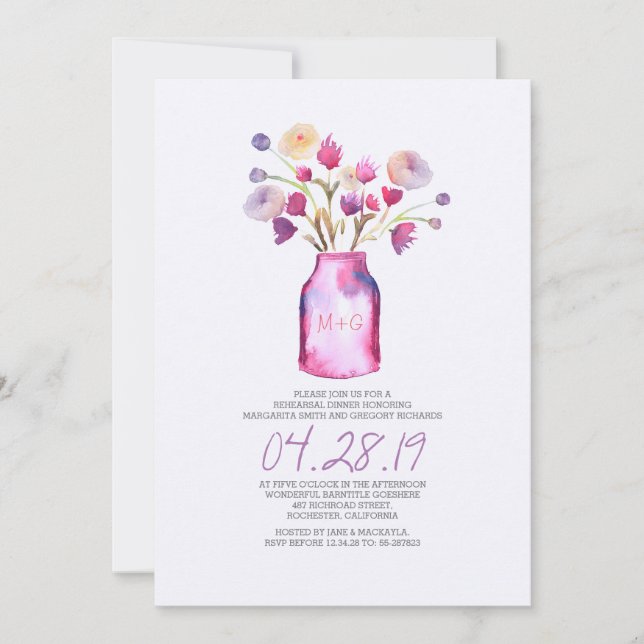 Watercolor mason jar floral rehearsal dinner invitation (Front)
