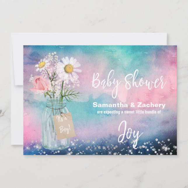 *~* Watercolor Mason Jar Rustic Baby Shower Floral Invitation (Front)