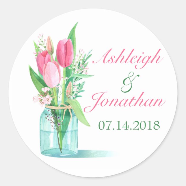 Watercolor Mason Jar Tulips Wedding Favor Sticker (Front)