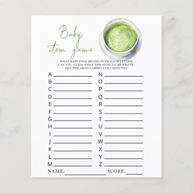 Watercolor Matcha baby shower Baby Item Game (Front)